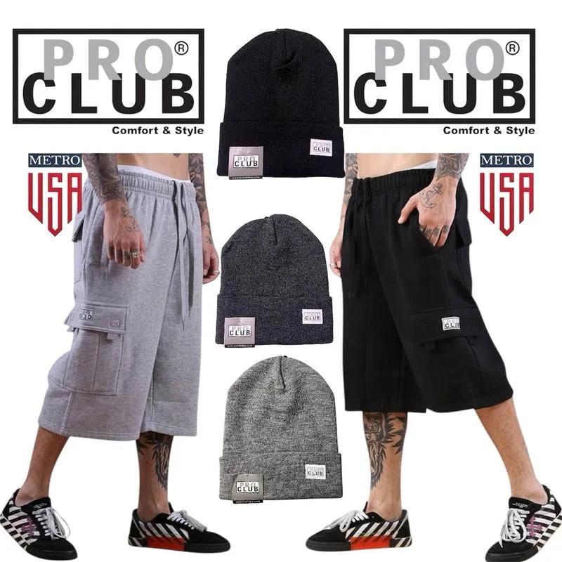 A PRO CLUB Fleece Cargo Shorts /Plus a Cuffed Beanie , Drawstring Closure Elastic Waistband with Drawstring Six Pockets for Maximum Storage, Pro Club Men'S Cargo Fleece Shorts Are Crafted with a Heavyweight Durable Fleece. Motocross Menswear