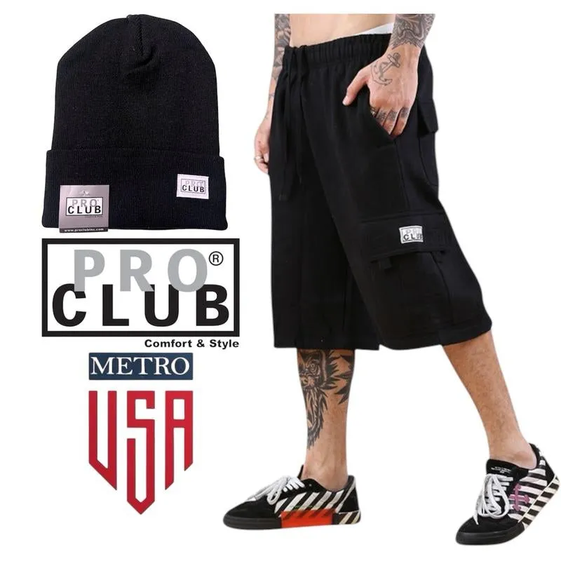 A PRO CLUB Fleece Cargo Shorts /Plus a Cuffed Beanie , Drawstring Closure Elastic Waistband with Drawstring Six Pockets for Maximum Storage, Pro Club Men'S Cargo Fleece Shorts Are Crafted with a Heavyweight Durable Fleece. Motocross Menswear