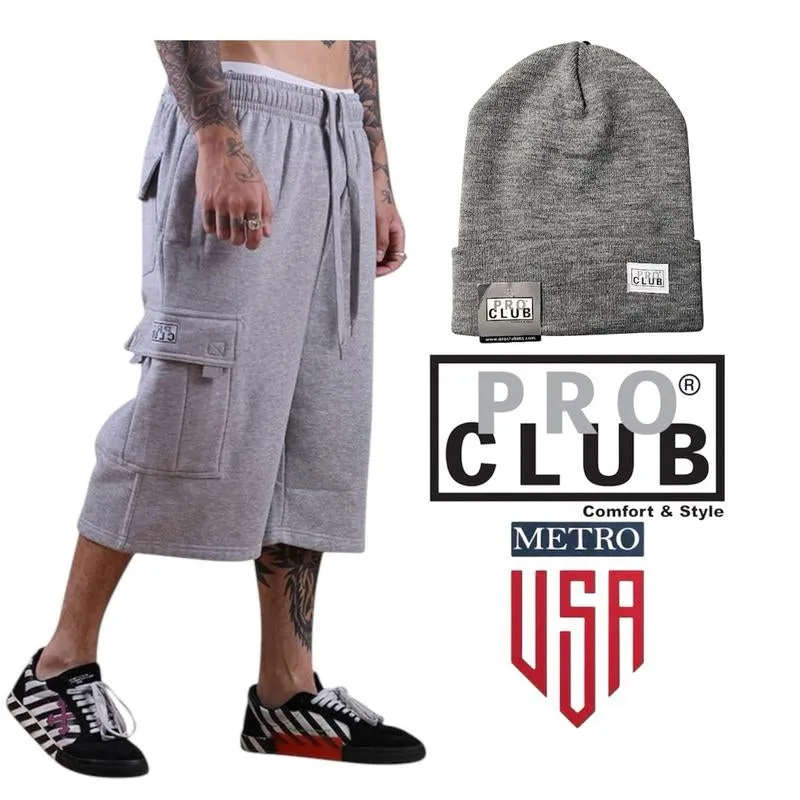 A PRO CLUB Fleece Cargo Shorts /Plus a Cuffed Beanie , Drawstring Closure Elastic Waistband with Drawstring Six Pockets for Maximum Storage, Pro Club Men'S Cargo Fleece Shorts Are Crafted with a Heavyweight Durable Fleece. Motocross Menswear