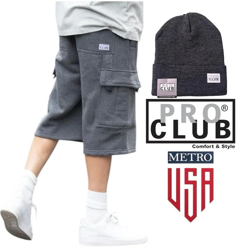 A PRO CLUB Fleece Cargo Shorts /Plus a Cuffed Beanie , Drawstring Closure Elastic Waistband with Drawstring Six Pockets for Maximum Storage, Pro Club Men'S Cargo Fleece Shorts Are Crafted with a Heavyweight Durable Fleece. Motocross Menswear