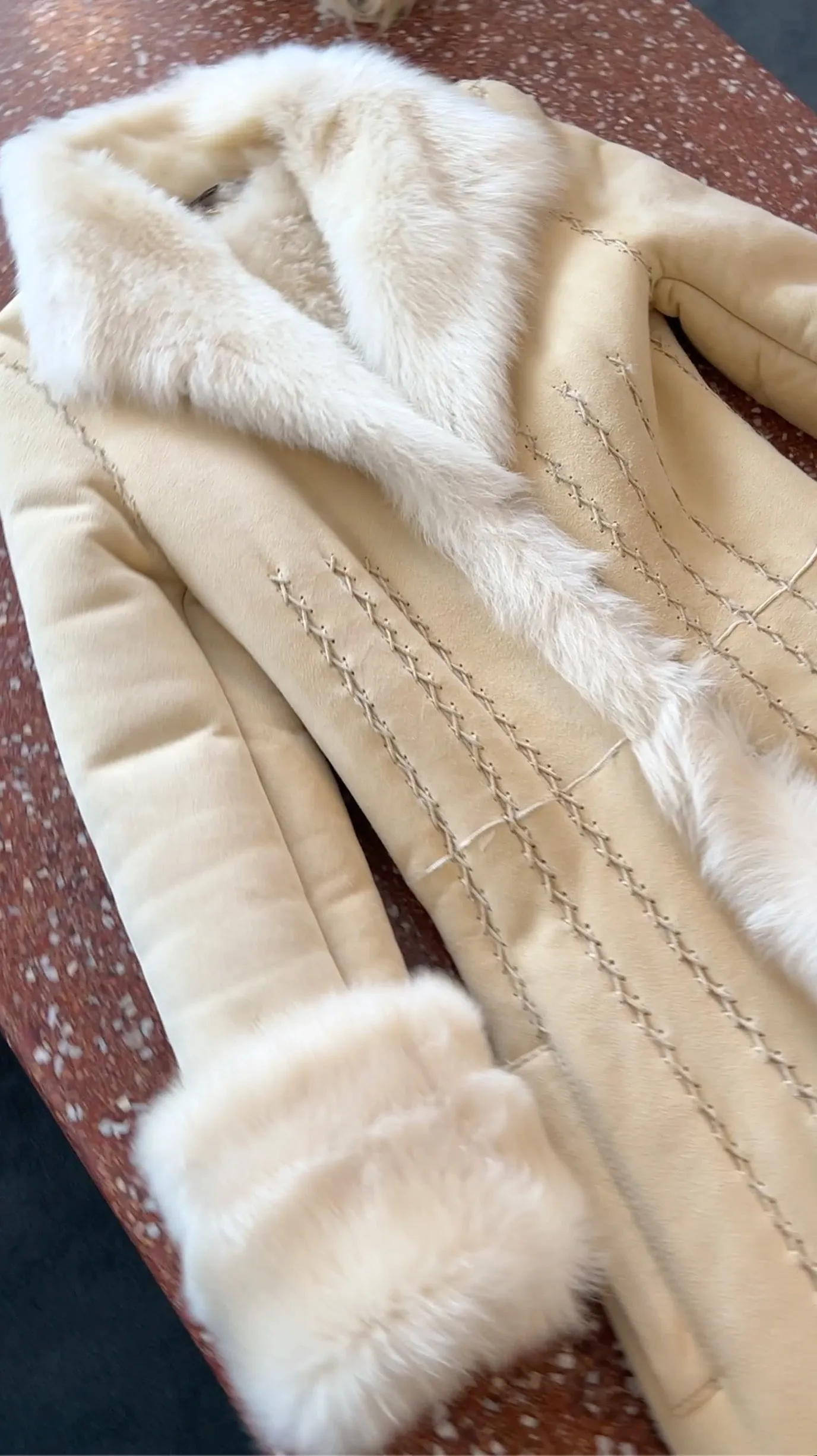 ALEXANDER MCQUEEN OFF WHITE SUEDE COAT WITH SHEARLING INTERIOR