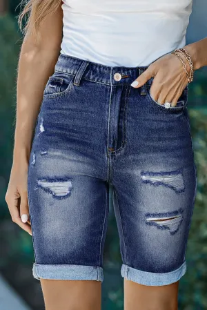 Blue Distressed Bermuda Denim Shorts with Roll-up Detail