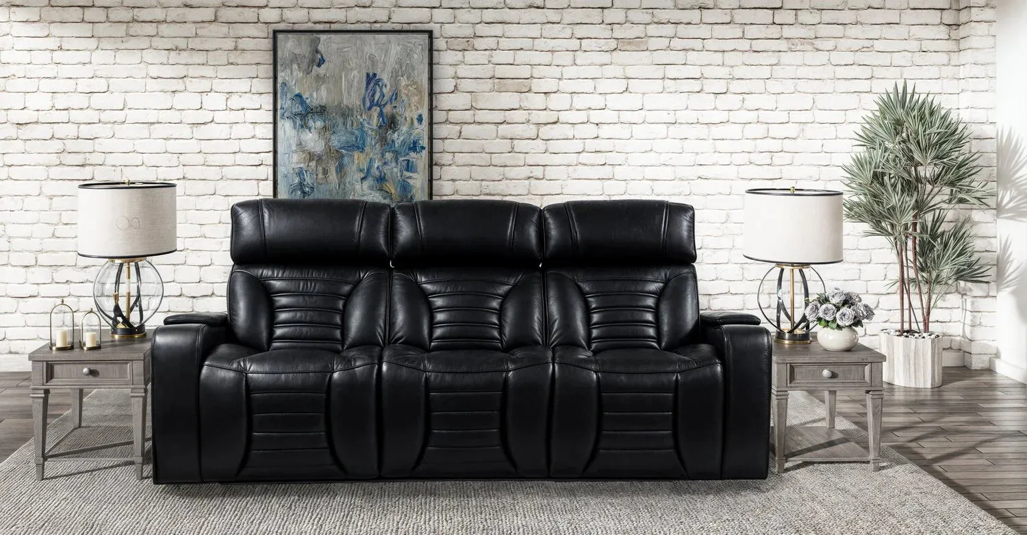 BonnyLynn Cinema Collection 86" Black Genuine Leather Power Reclining Massage Sofa with Power Headrests and Heated Seats