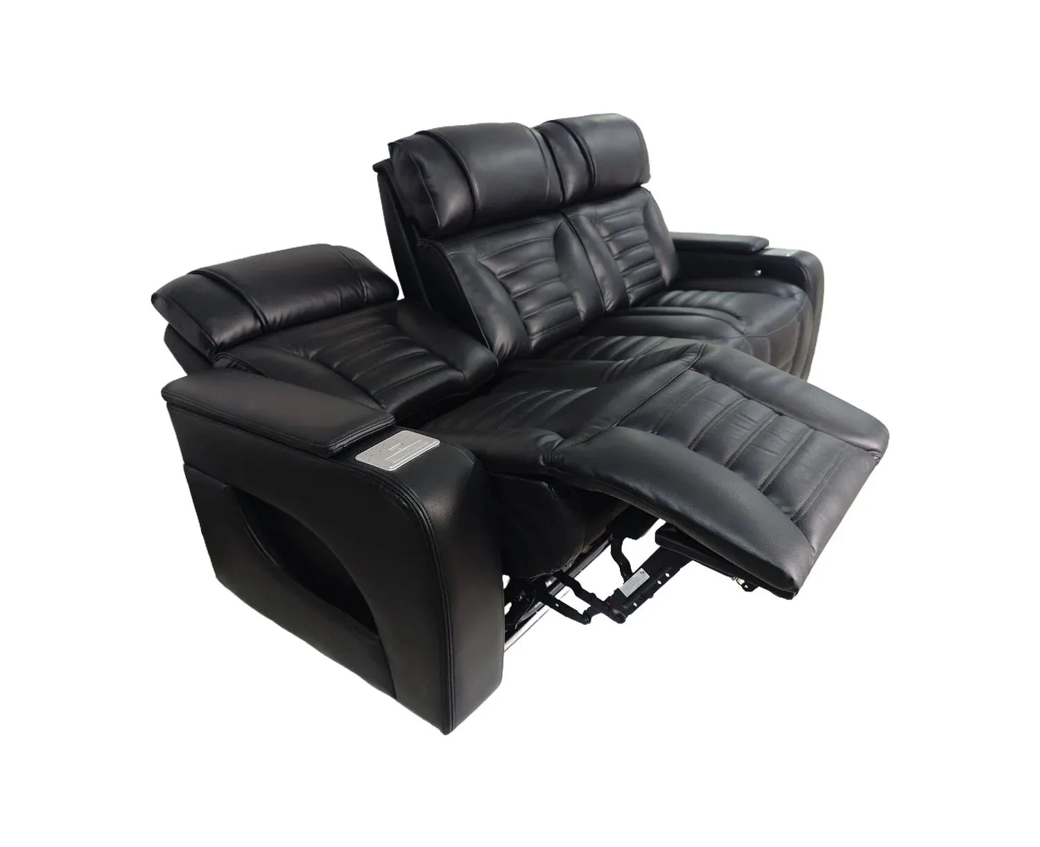 BonnyLynn Cinema Collection 86" Black Genuine Leather Power Reclining Massage Sofa with Power Headrests and Heated Seats