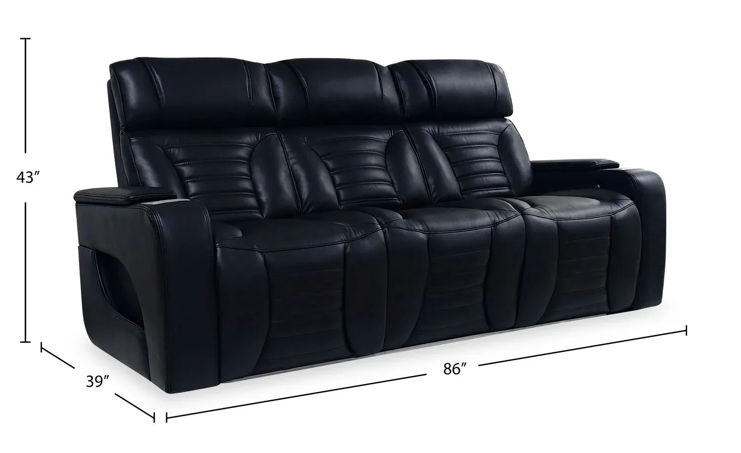 BonnyLynn Cinema Collection 86" Black Genuine Leather Power Reclining Massage Sofa with Power Headrests and Heated Seats