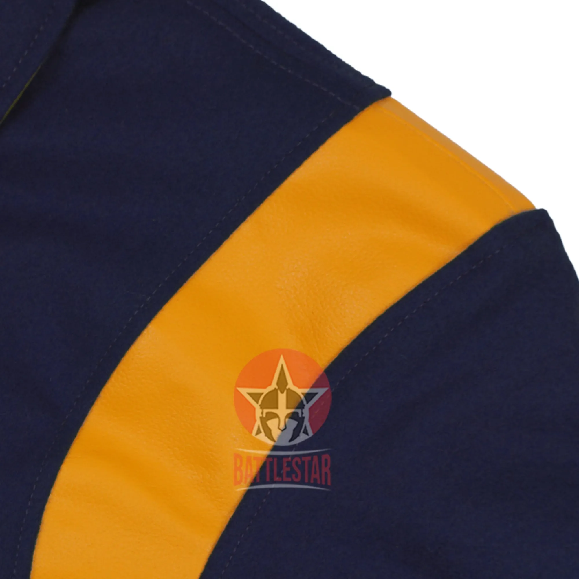 Byron Collar Navy Blue Wool Gold Yellow Leather Stripes Varsity Baseball Jacket