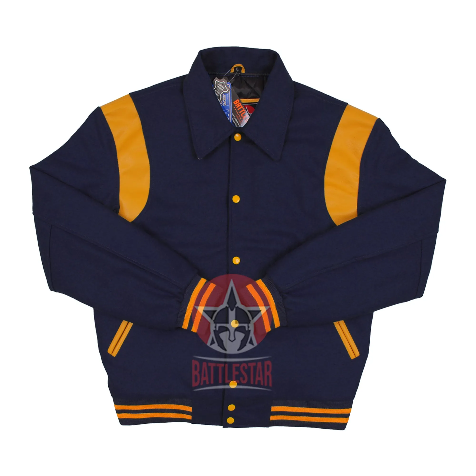 Byron Collar Navy Blue Wool Gold Yellow Leather Stripes Varsity Baseball Jacket