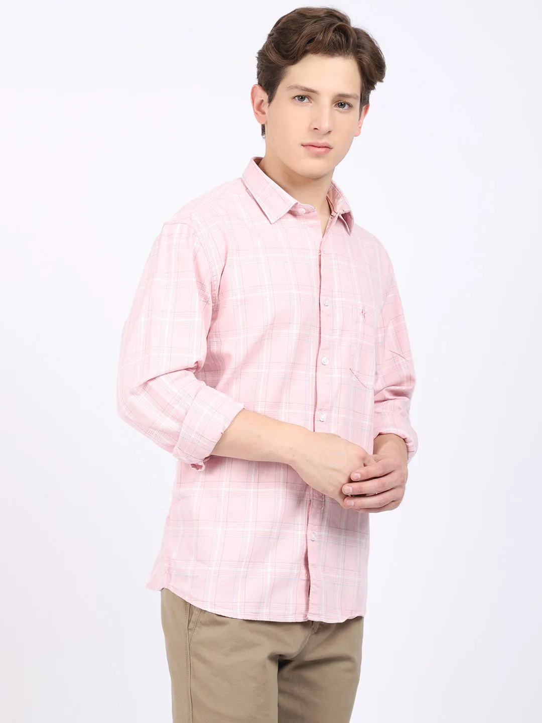 Cantabil Cotton Checkered Pink Full Sleeve Casual Shirt for Men with Pocket