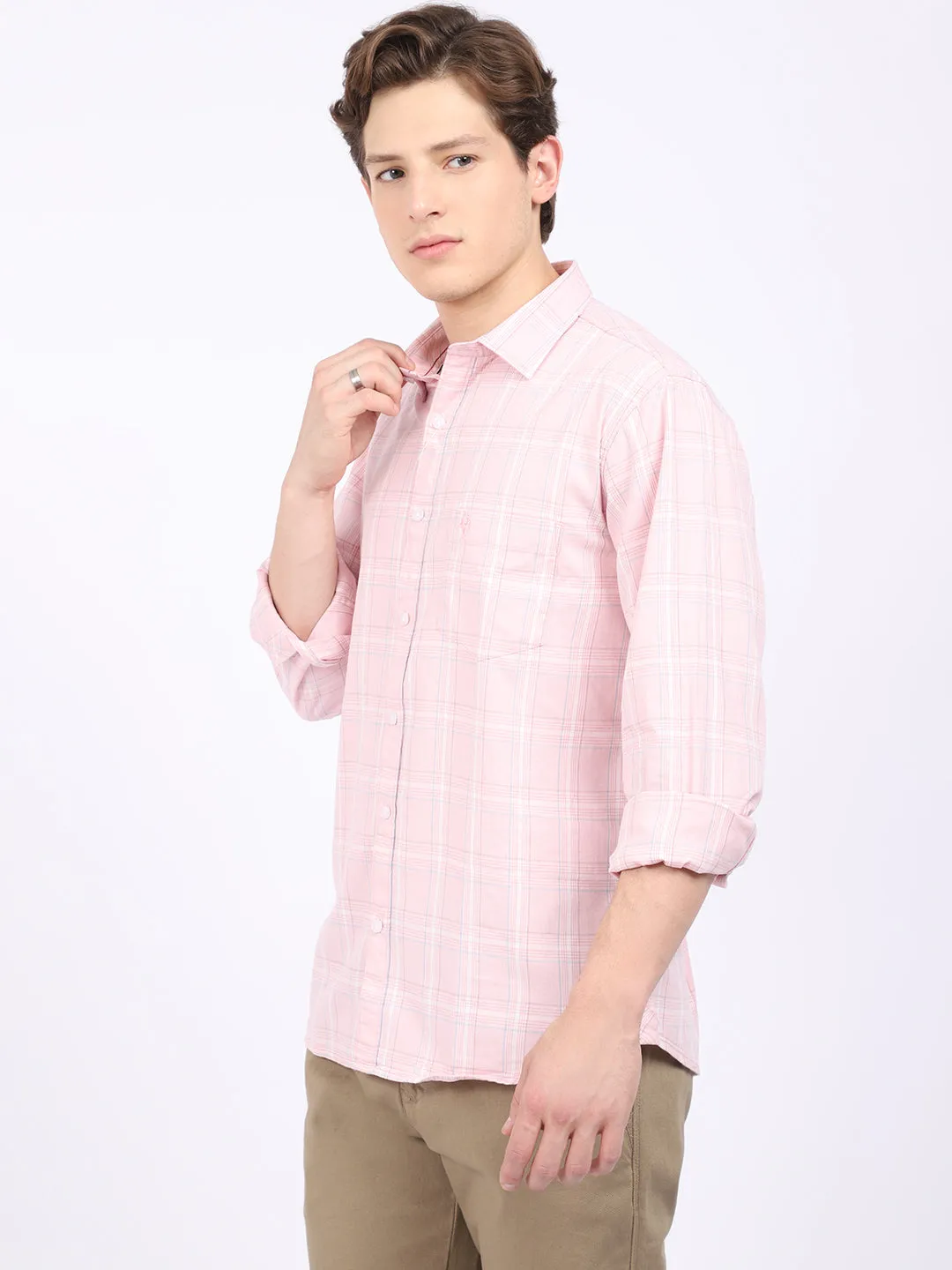 Cantabil Cotton Checkered Pink Full Sleeve Casual Shirt for Men with Pocket