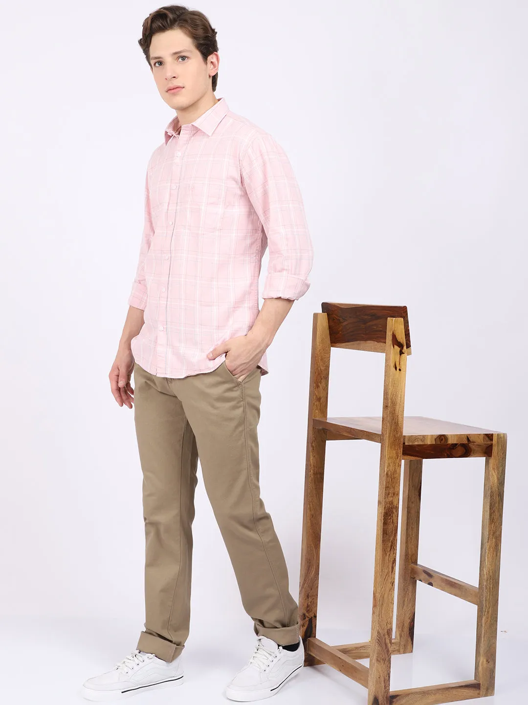 Cantabil Cotton Checkered Pink Full Sleeve Casual Shirt for Men with Pocket