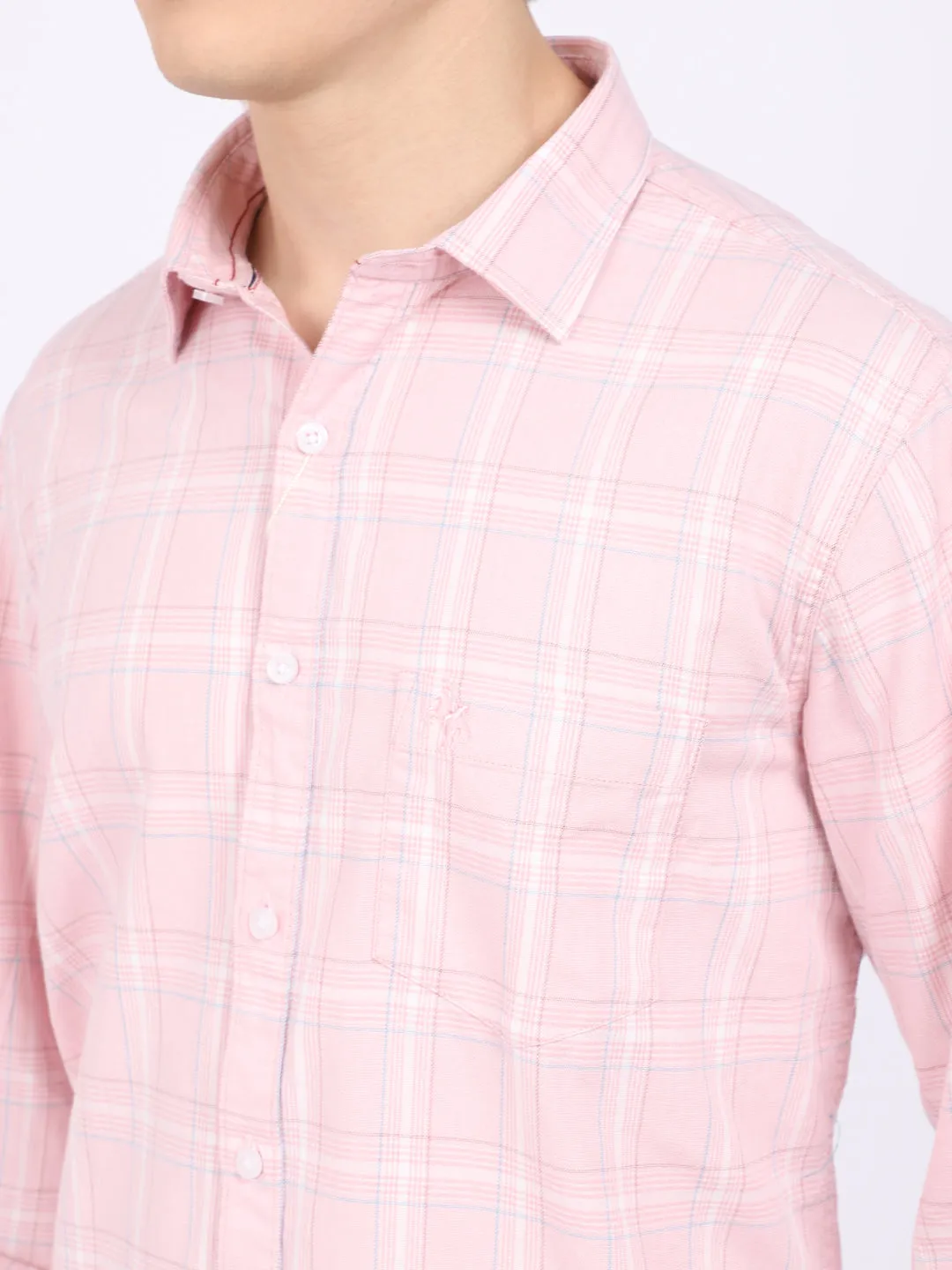 Cantabil Cotton Checkered Pink Full Sleeve Casual Shirt for Men with Pocket