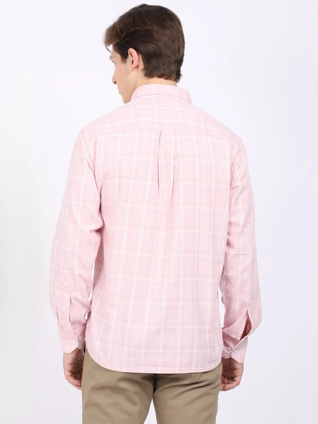 Cantabil Cotton Checkered Pink Full Sleeve Casual Shirt for Men with Pocket