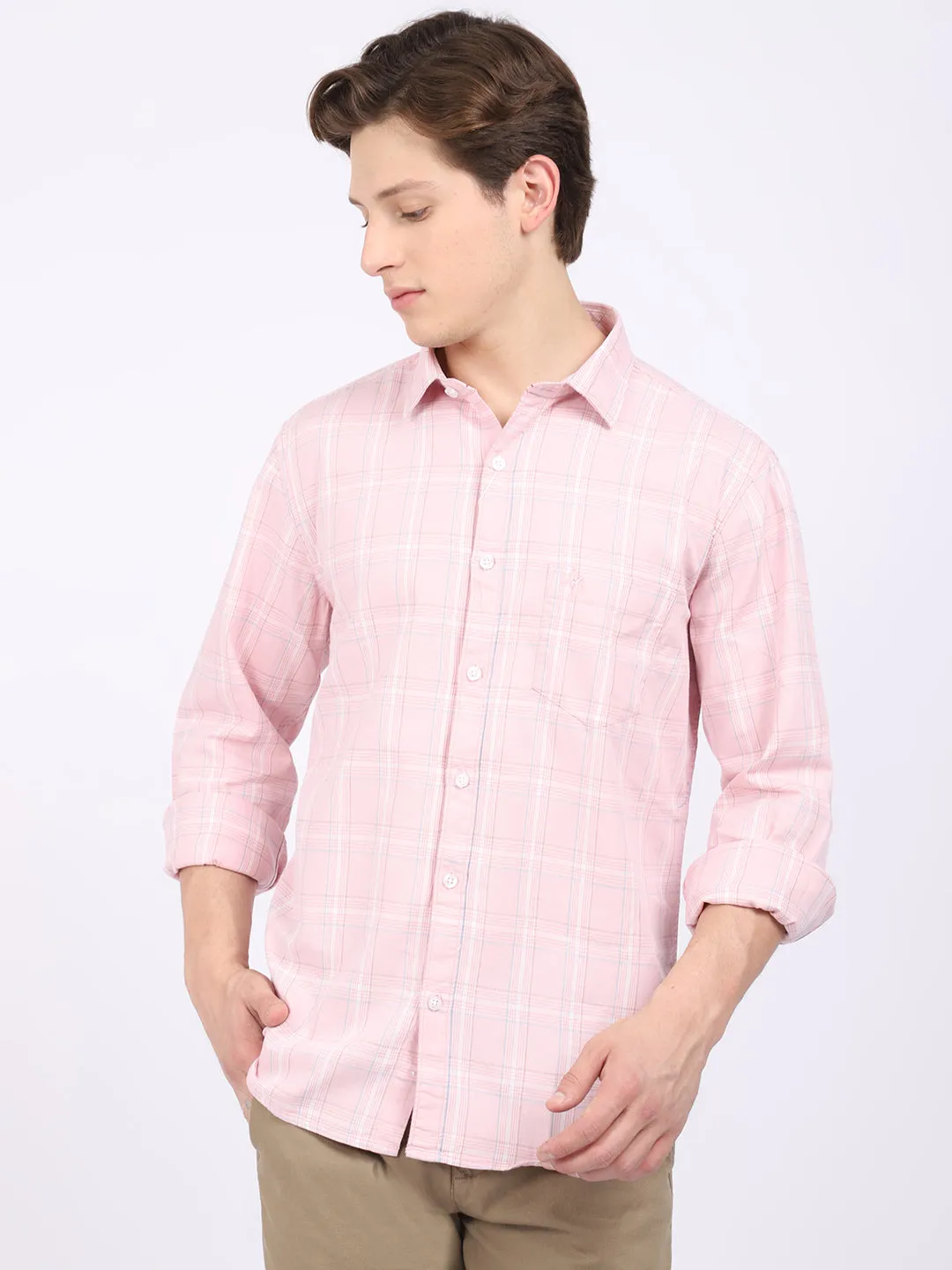 Cantabil Cotton Checkered Pink Full Sleeve Casual Shirt for Men with Pocket