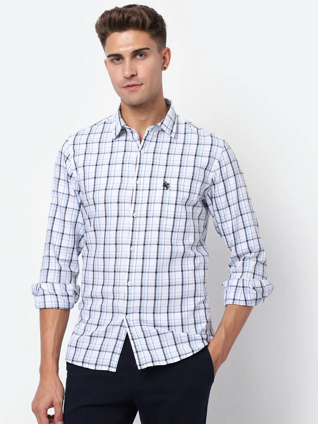 Cantabil Cotton Checkered White Full Sleeve Casual Shirt for Men with Pocket