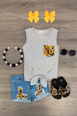 Cheetah Sunflower Tie Top Denim Short Set