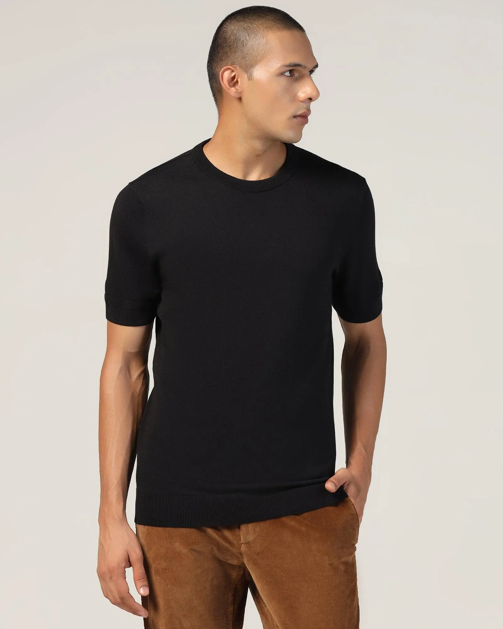 Crew Neck Black Yarn Dyed T-Shirt - Miya