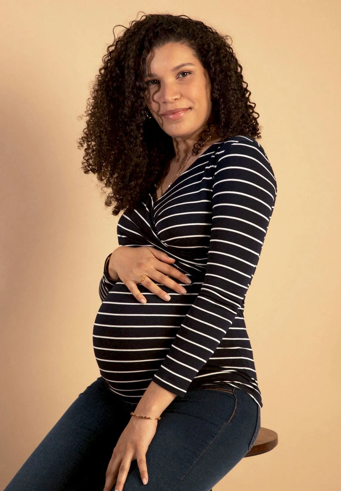 Fiona Long Sleeve Maternity & Nursing Top in  Navy White Stripe Ecovero