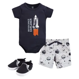 Hudson Baby Cotton Bodysuit, Shorts and Shoe Set, Outer Space