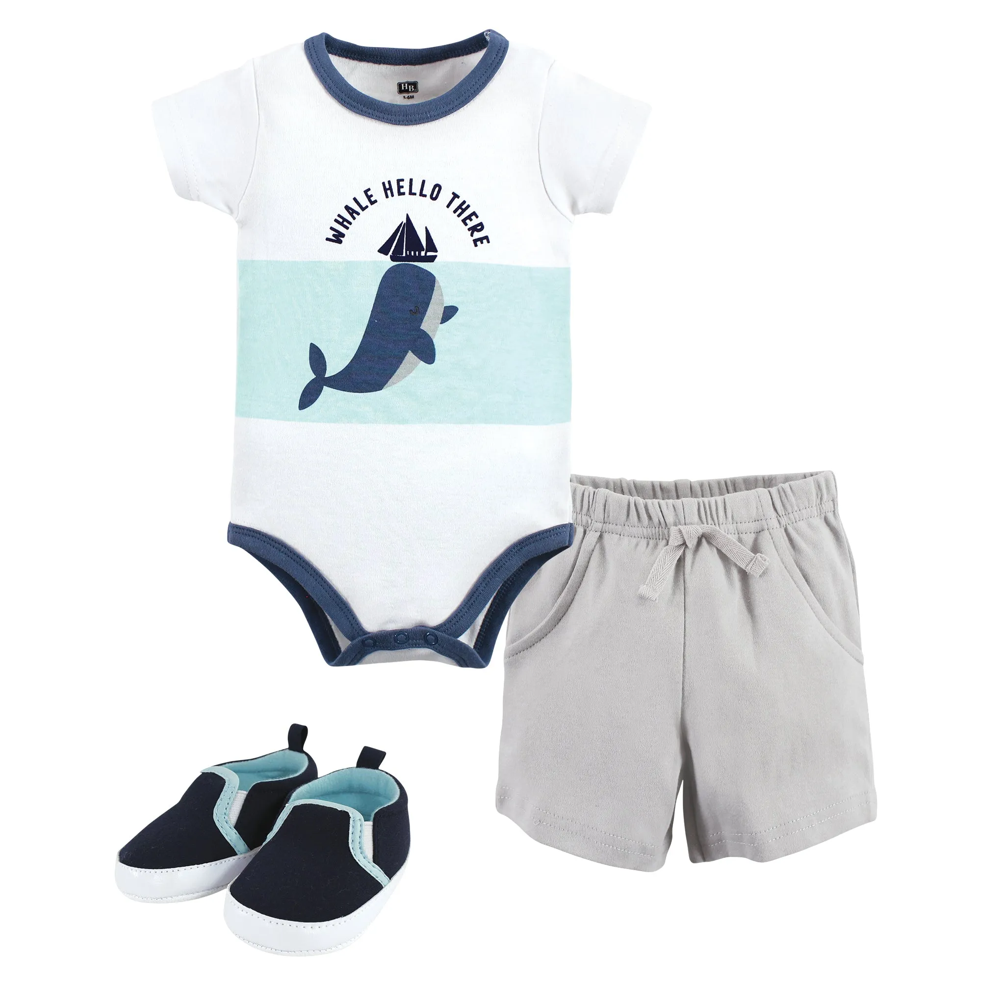 Hudson Baby Cotton Bodysuit, Shorts and Shoe Set, Underwater Whale