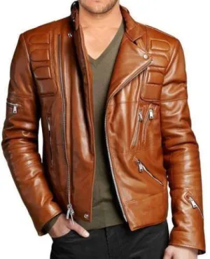 Mens Biker Vintage Distressed Brown Slimfit Cafe Racer Motorcycle Leather Jacket