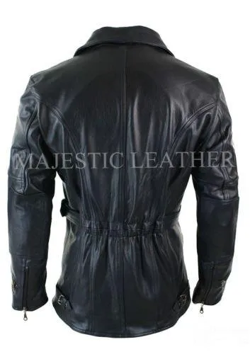 Men's Brown 3/4 Motorcycle Biker Long Cow Hide Leather Jacket