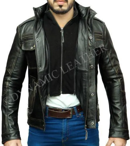 Men's Vintage Rivet Biker Style Motorcycle Cafe Racer Distressed Leather Jacket