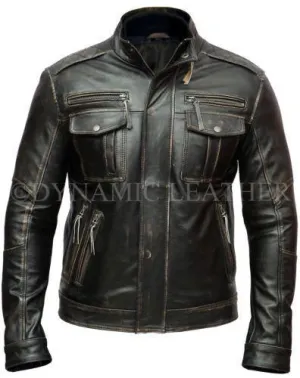 Men's Vintage Rivet Biker Style Motorcycle Cafe Racer Distressed Leather Jacket