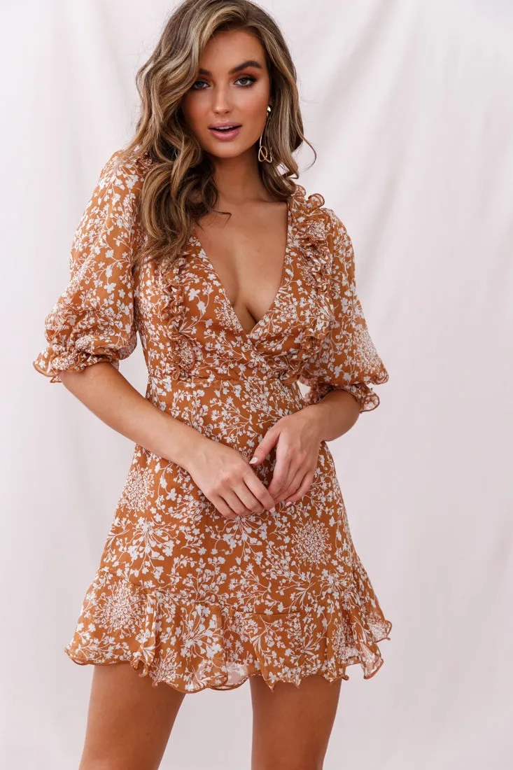 Misty Half Puff Sleeve Ruffle Detail Dress Tan