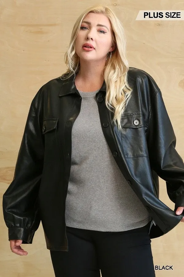 Oh So Stylish Faux Leather Button Down Shacket With Side Pockets Voluptuous ( ) Plus Size - 3 colors - Ships from The US