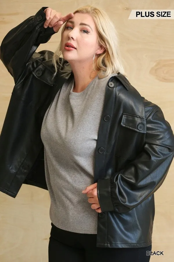 Oh So Stylish Faux Leather Button Down Shacket With Side Pockets Voluptuous ( ) Plus Size - 3 colors - Ships from The US