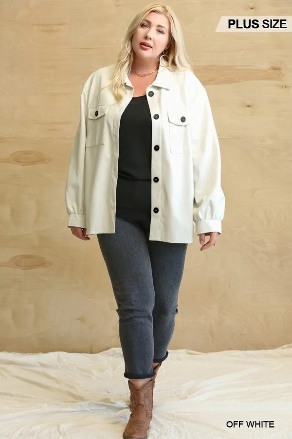 Oh So Stylish Faux Leather Button Down Shacket With Side Pockets Voluptuous ( ) Plus Size - 3 colors - Ships from The US