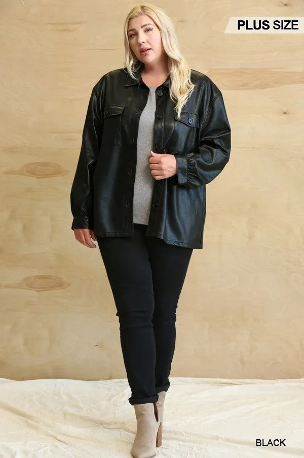 Oh So Stylish Faux Leather Button Down Shacket With Side Pockets Voluptuous ( ) Plus Size - 3 colors - Ships from The US