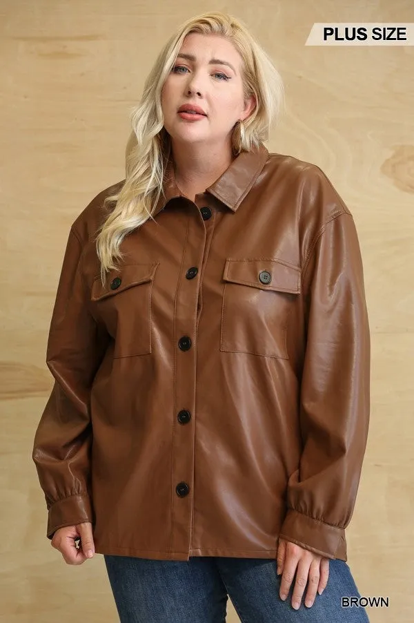 Oh So Stylish Faux Leather Button Down Shacket With Side Pockets Voluptuous ( ) Plus Size - 3 colors - Ships from The US