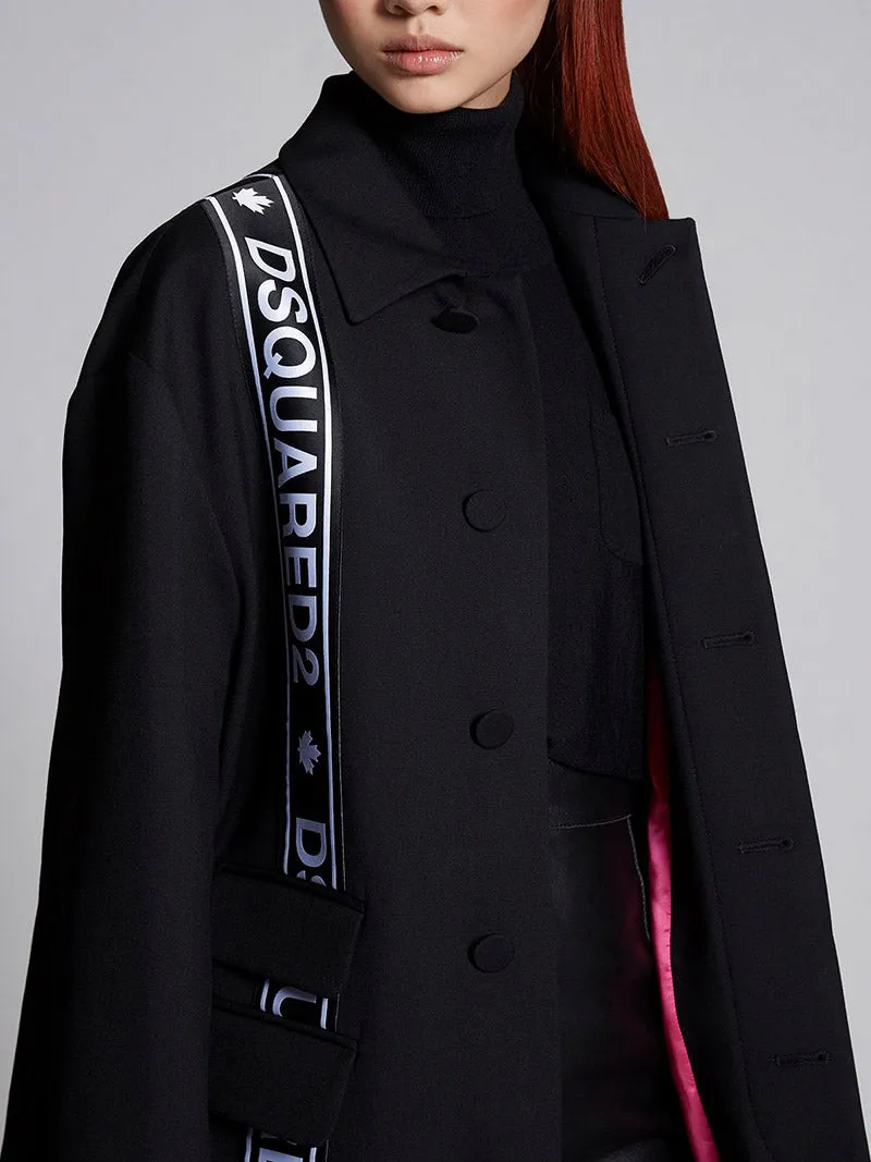 Oversize Logo Bands Wool Blend Cady Coat