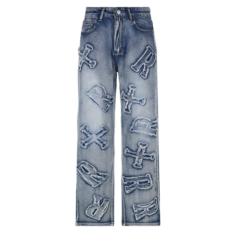 Personality Letter Patch Loose Straight Jeans