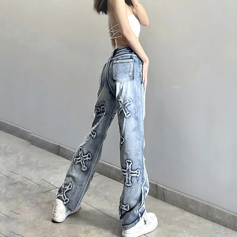 Personality Letter Patch Loose Straight Jeans