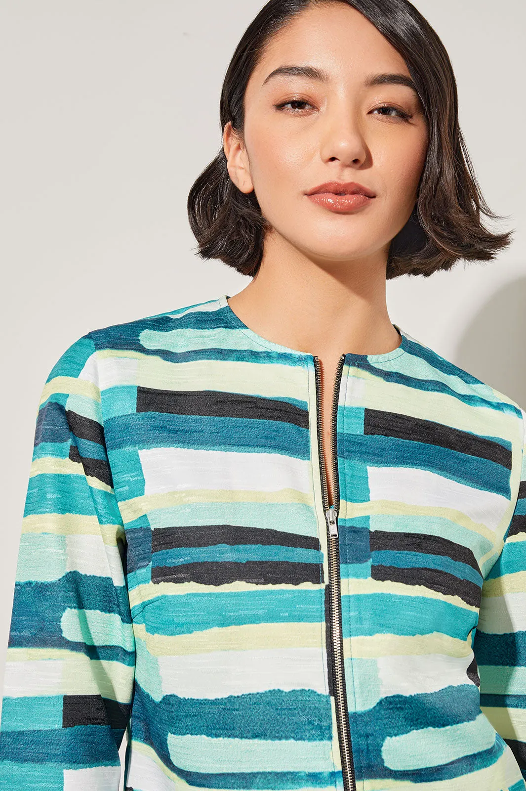 Plus Size Zip-Front Jacket - Collarless Abstract Woven