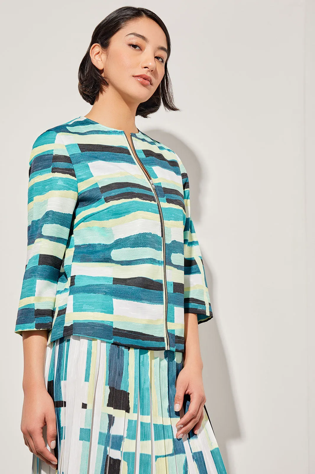 Plus Size Zip-Front Jacket - Collarless Abstract Woven