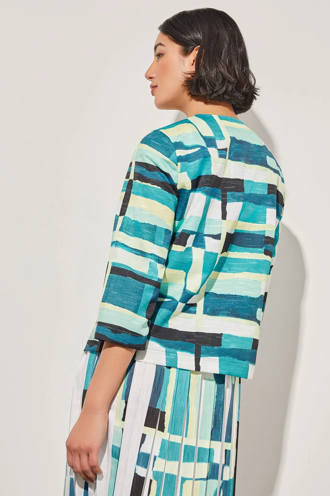 Plus Size Zip-Front Jacket - Collarless Abstract Woven