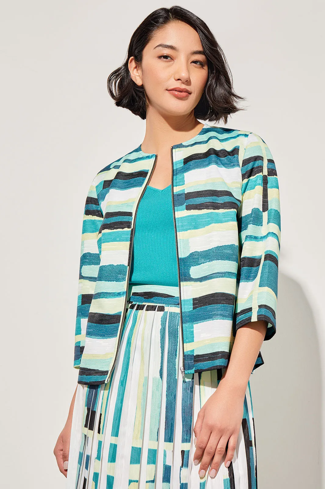 Plus Size Zip-Front Jacket - Collarless Abstract Woven