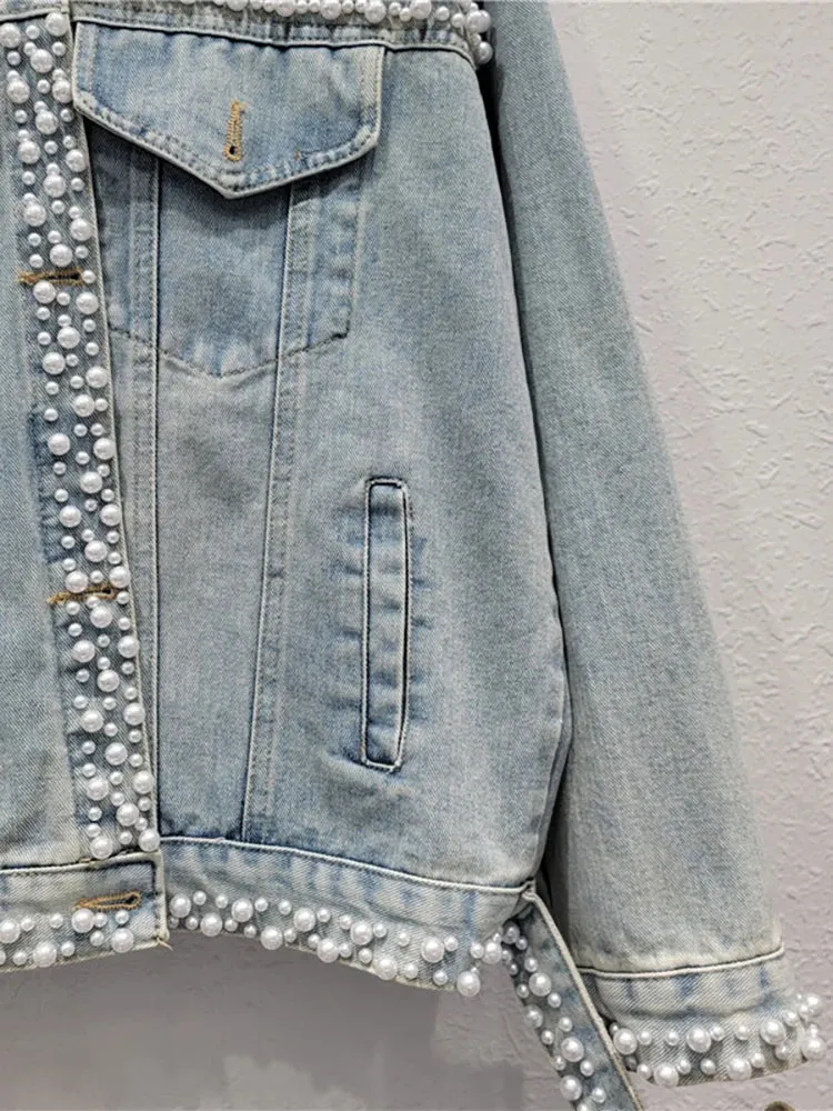 Pre Order:  Pearl Studded Washed Denim Jacket