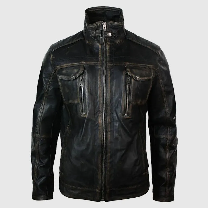 Premium Quality Real Washed Leather Retro Vintage Distressed Jacket Black Rub Off for Men