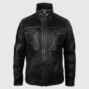 Premium Quality Real Washed Leather Retro Vintage Distressed Jacket Black Rub Off for Men