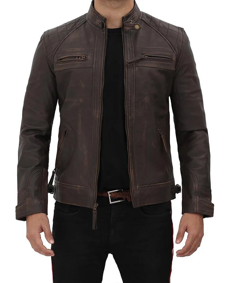 Quilted Distressed Brown Lambskin Leather Motorcycle Jacket