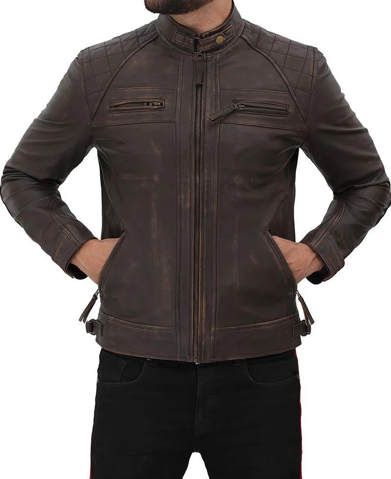 Quilted Distressed Brown Lambskin Leather Motorcycle Jacket