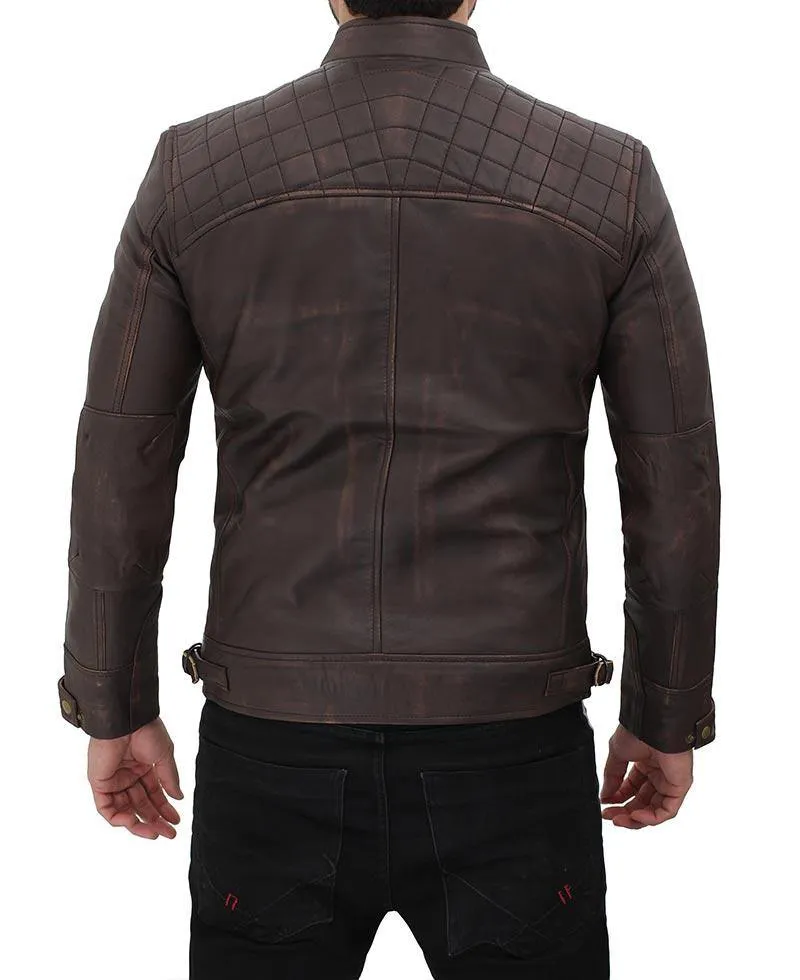 Quilted Distressed Brown Lambskin Leather Motorcycle Jacket