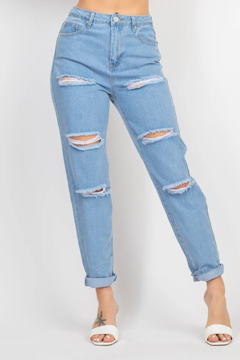 Rolled Hem Ripped Denim Jeans - Ships from The US