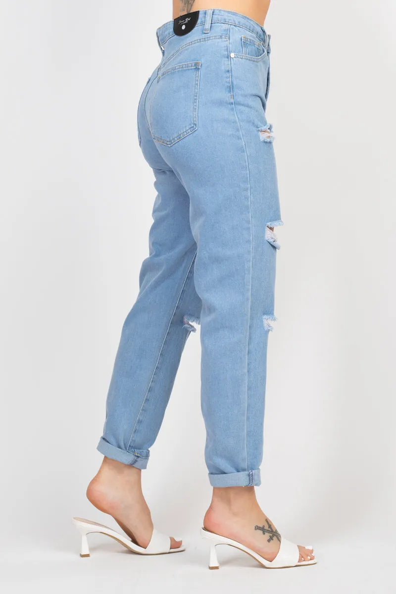 Rolled Hem Ripped Denim Jeans - Ships from The US