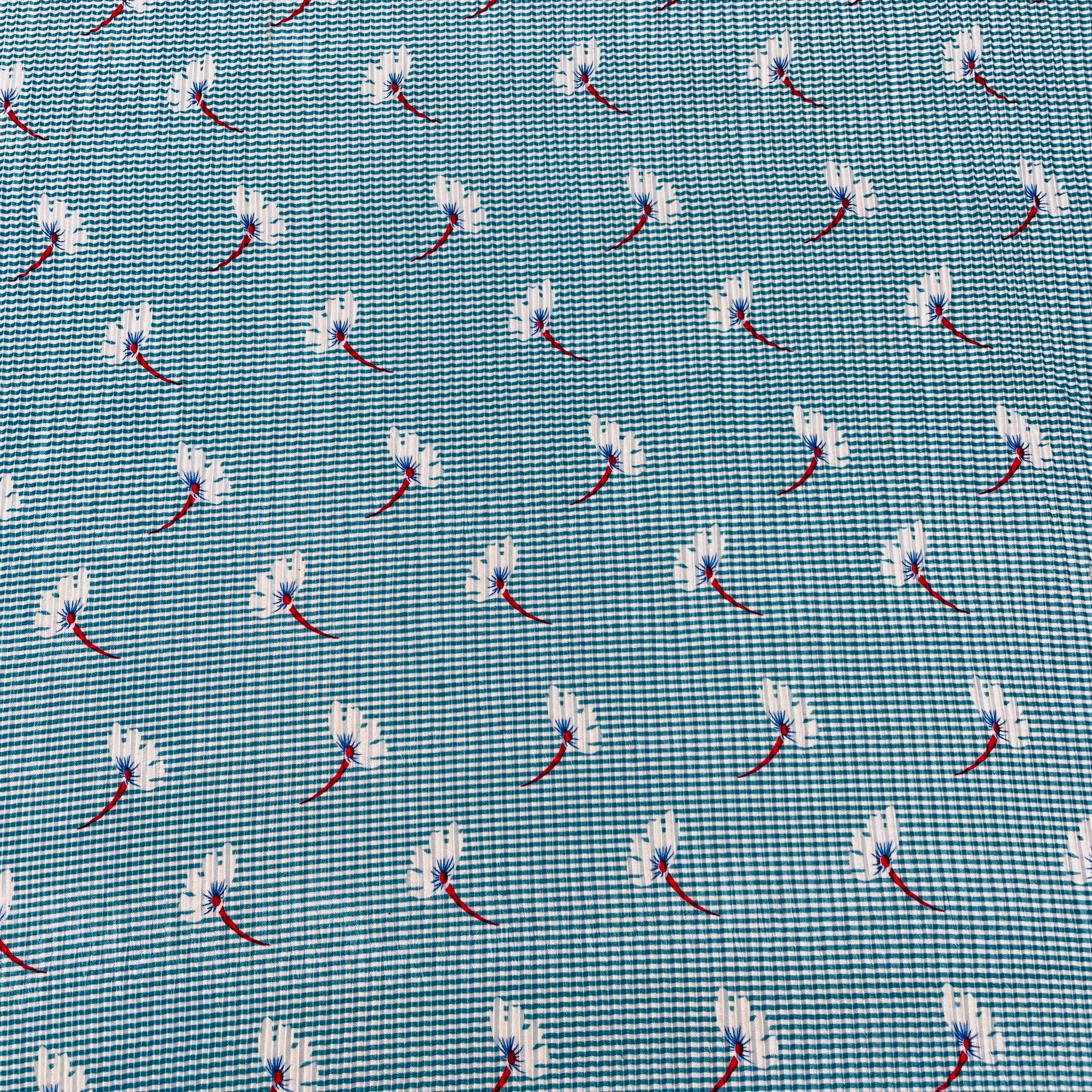 Sky Blue Stripes Floral Pleated Knitted Satin Fabric