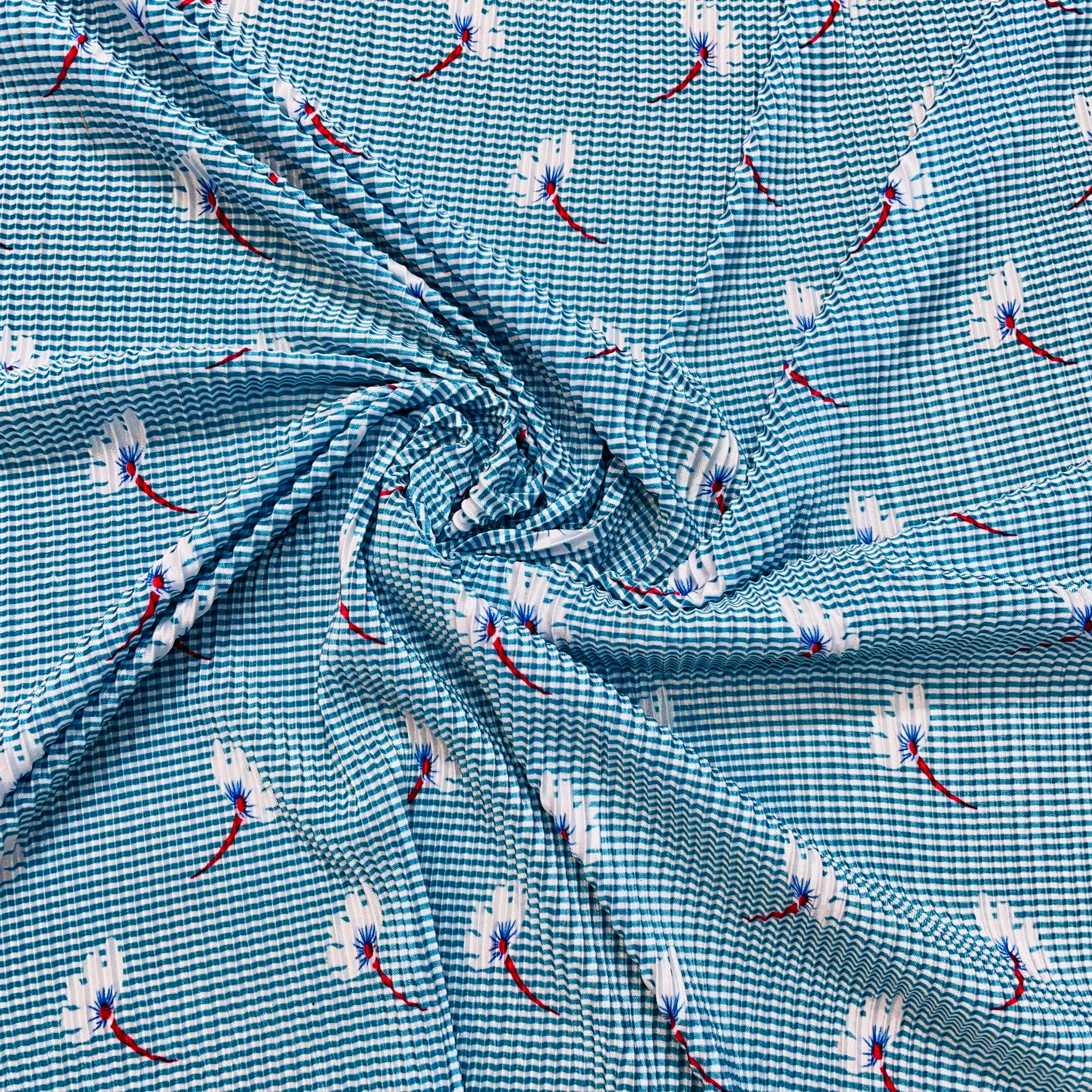 Sky Blue Stripes Floral Pleated Knitted Satin Fabric